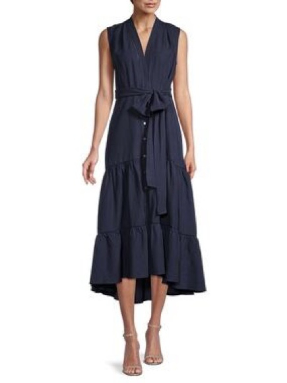 KOBI HALPERIN Anna Tiered Linen Blend Shirt Dress Navy Blue Waist Tie Sz M